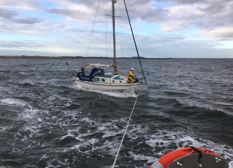 Yacht 'Pegasus' under tow at Blakeney, 6/9/2020