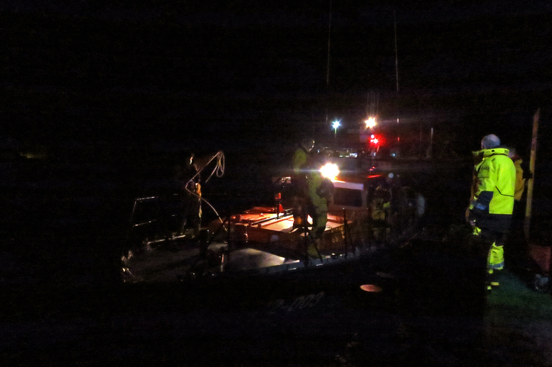 Wells lifeboat leaving the outer harbour at 05:55 after refuelling and a crew change during the search for a missing windsurfer, 15/11/20