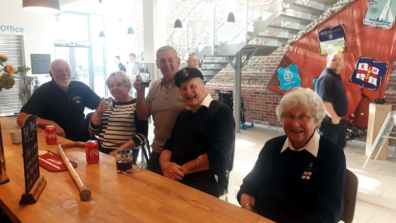 Jean Court (r) with friends, current and former crew members at 150th anniversary celebrations