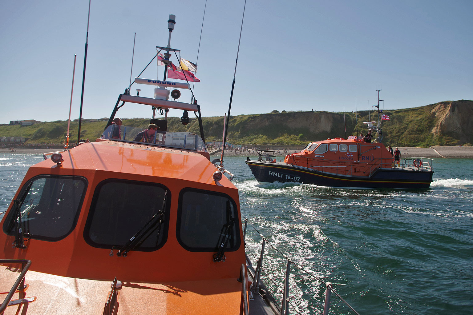 Wells' Shannon lifeboat and Cromer's Tamar togetjher off Sheringham